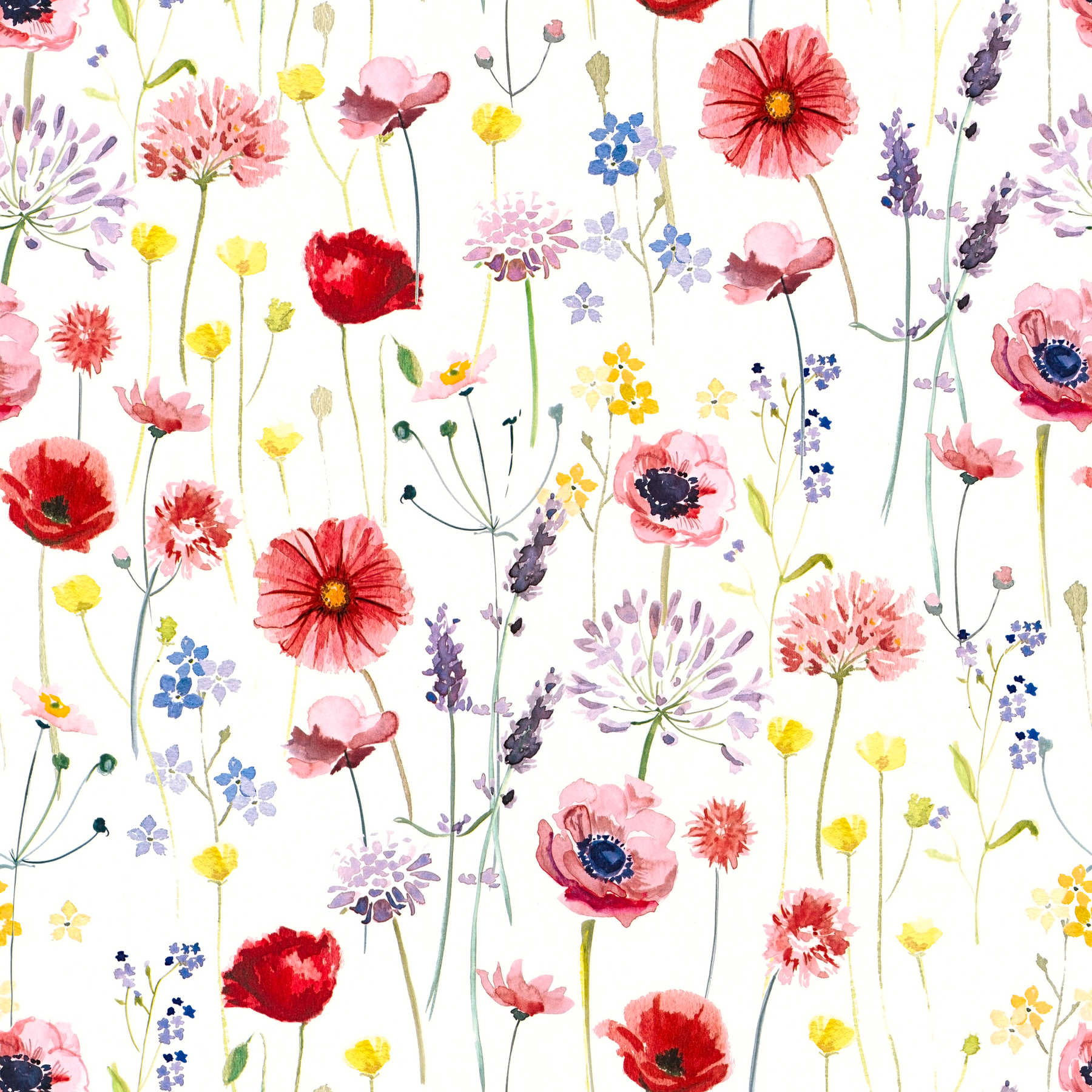 Fleurs Papier peint Fleurs Aquarelle - multicolore, blanc
