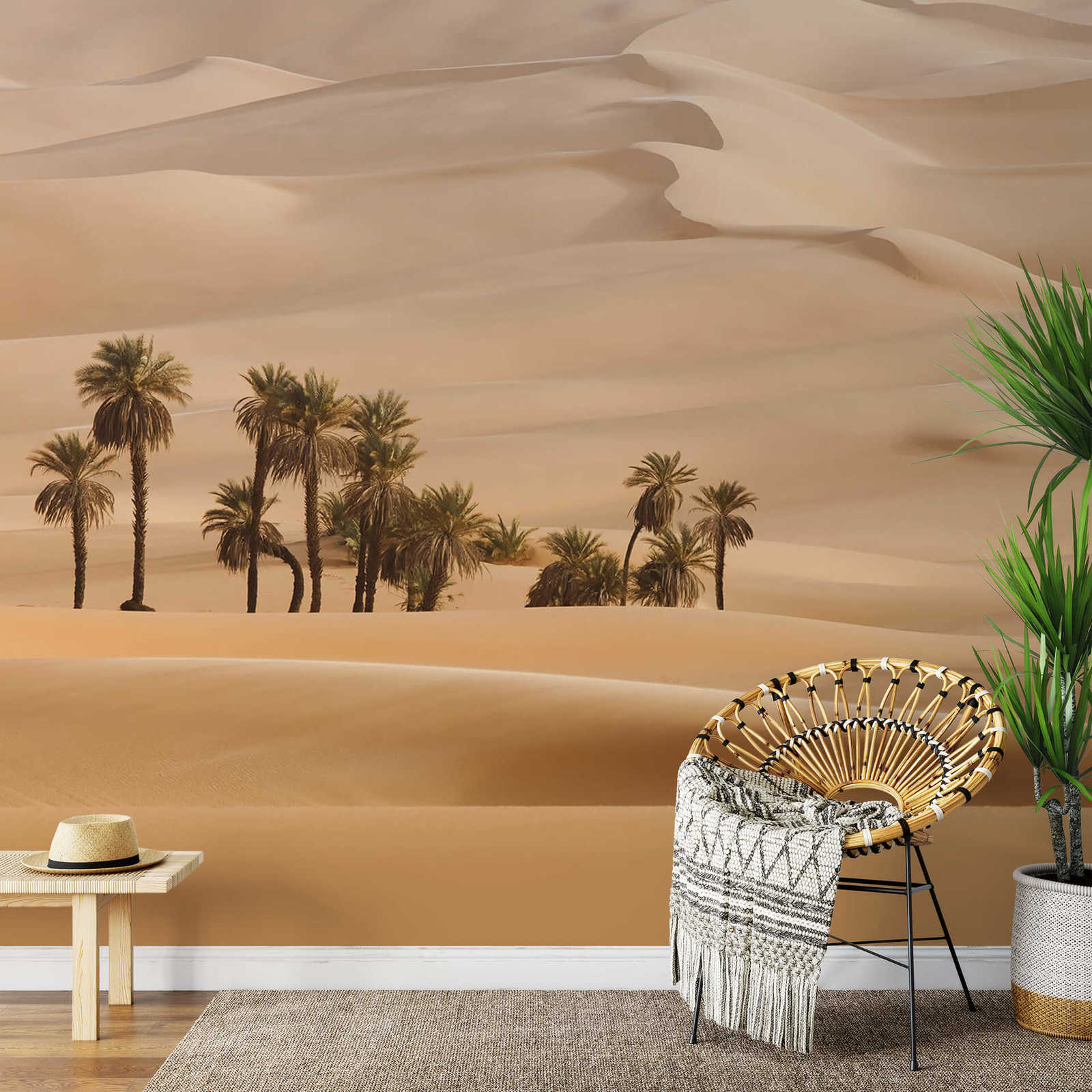             Muurschildering woestijn met palmbomen - beige
        
