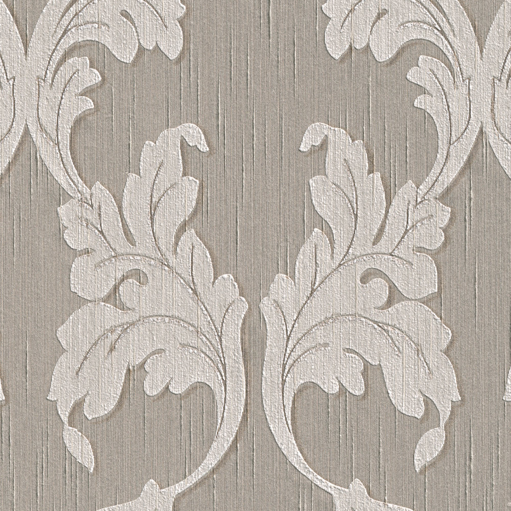             papier peint en papier baroque avec ornements floraux à rinceaux - gris, beige
        