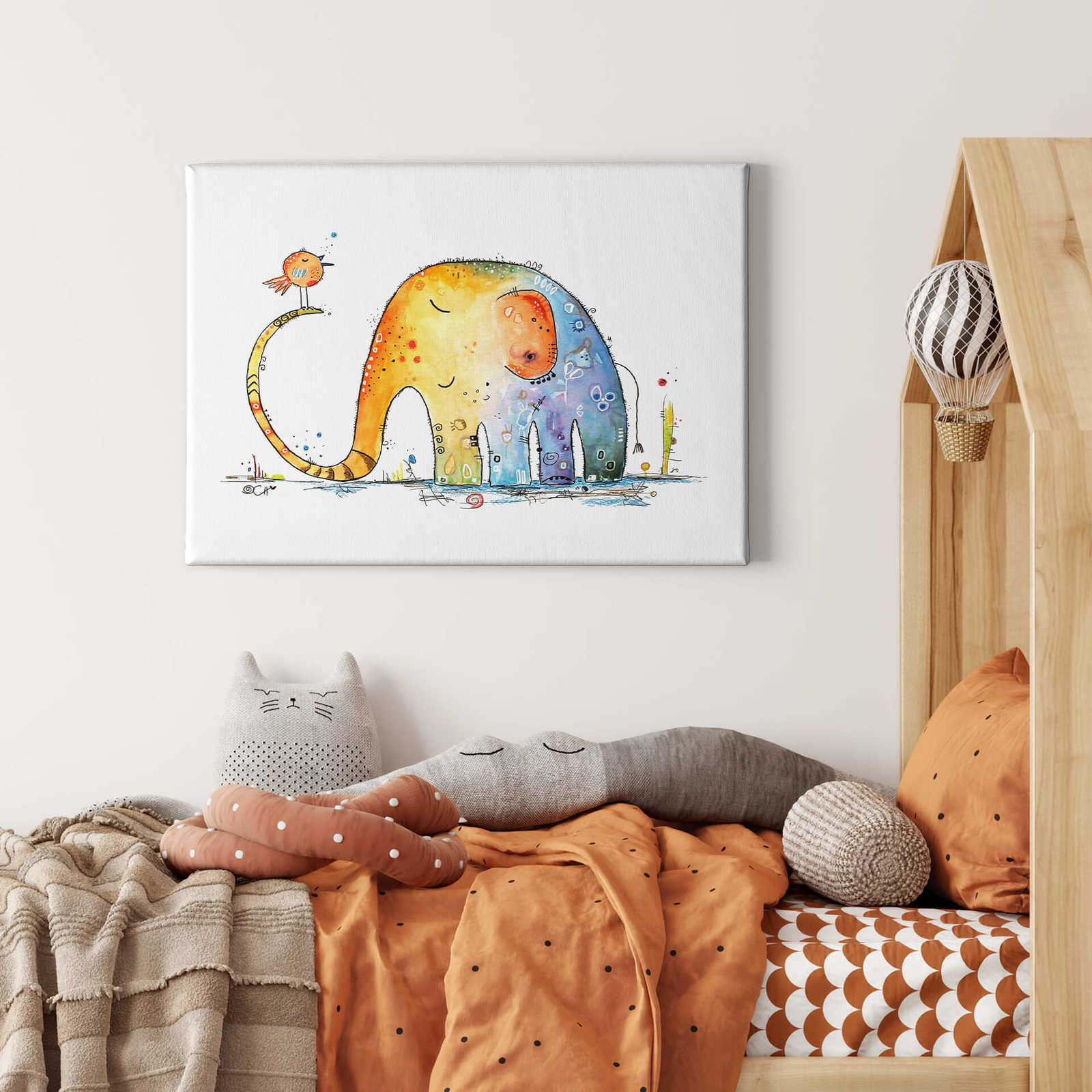            Tableau sur toile Enfants, éléphant & oiseau de Hagenmeyer - 0,70 m x 0,50 m
        