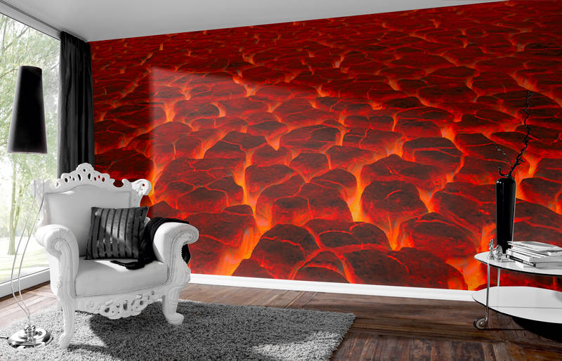             Lava mural with glowing field & magma flow
        