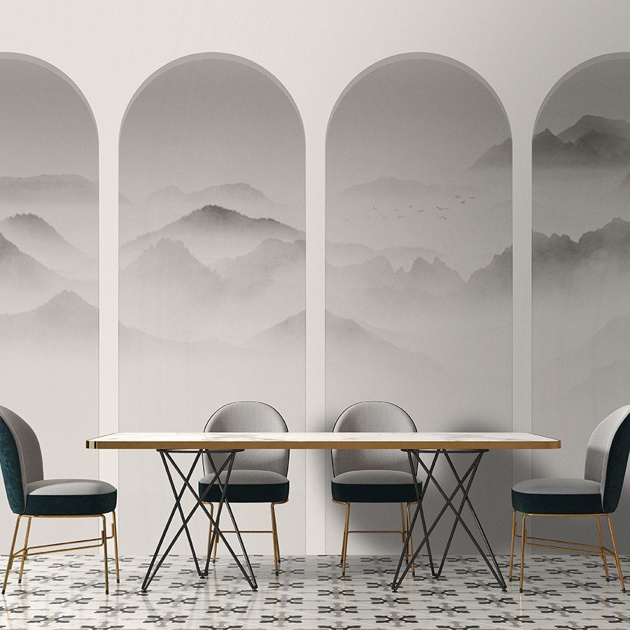 Photo wallpaper »valley« - mountains & fog in curves - grey, white | Smooth, slightly pearly shimmering non-woven fabric
