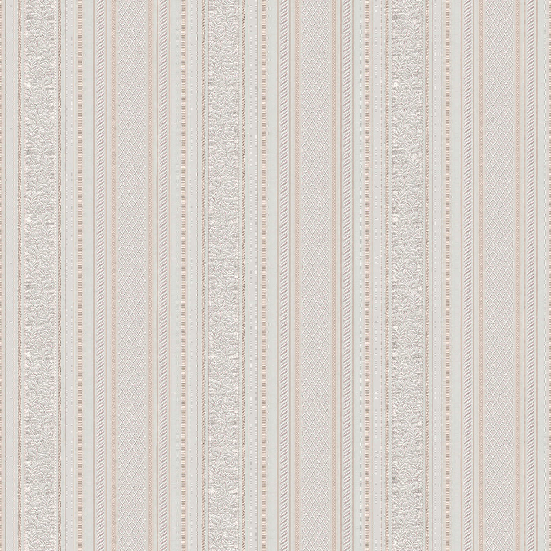 Striped wallpaper with design ornaments Biedermeier style - beige, cream, white
