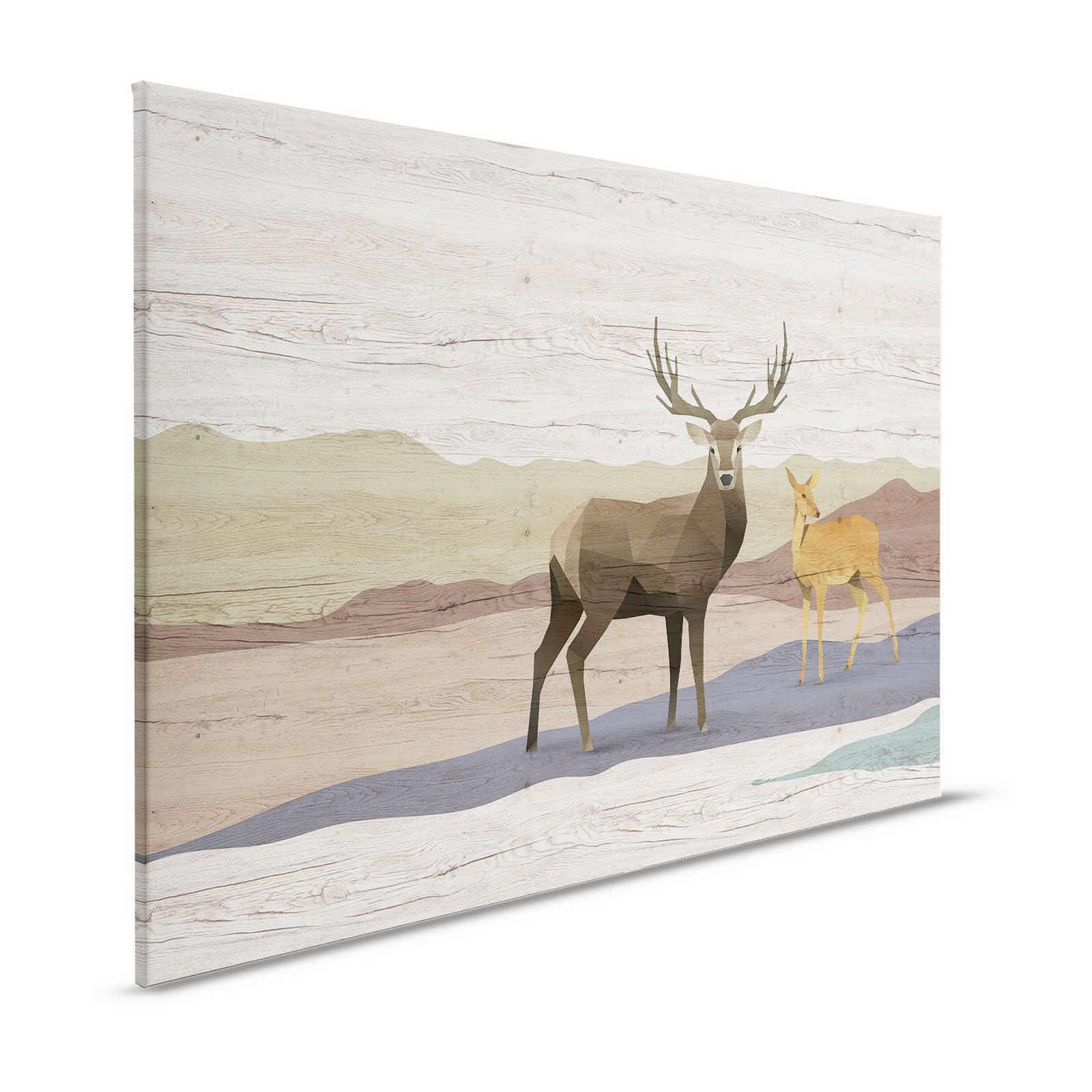 Yukon 2 - Tela dipinta con venature del legno, disegno di cervi e caprioli - 1,20 m x 0,80 m
