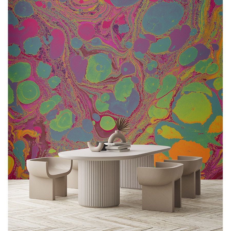 Photo wallpaper »flow« - Colour splash in bright colours - green, pink, orange | Smooth, slightly pearlescent non-woven fabric
