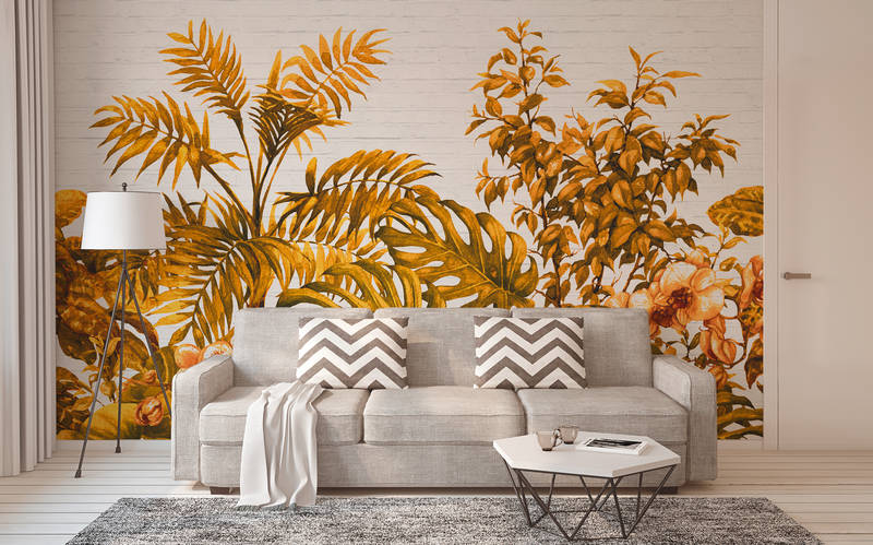             Fotomurali Jungle Plants & Stone Wall - Arancione, bianco
        