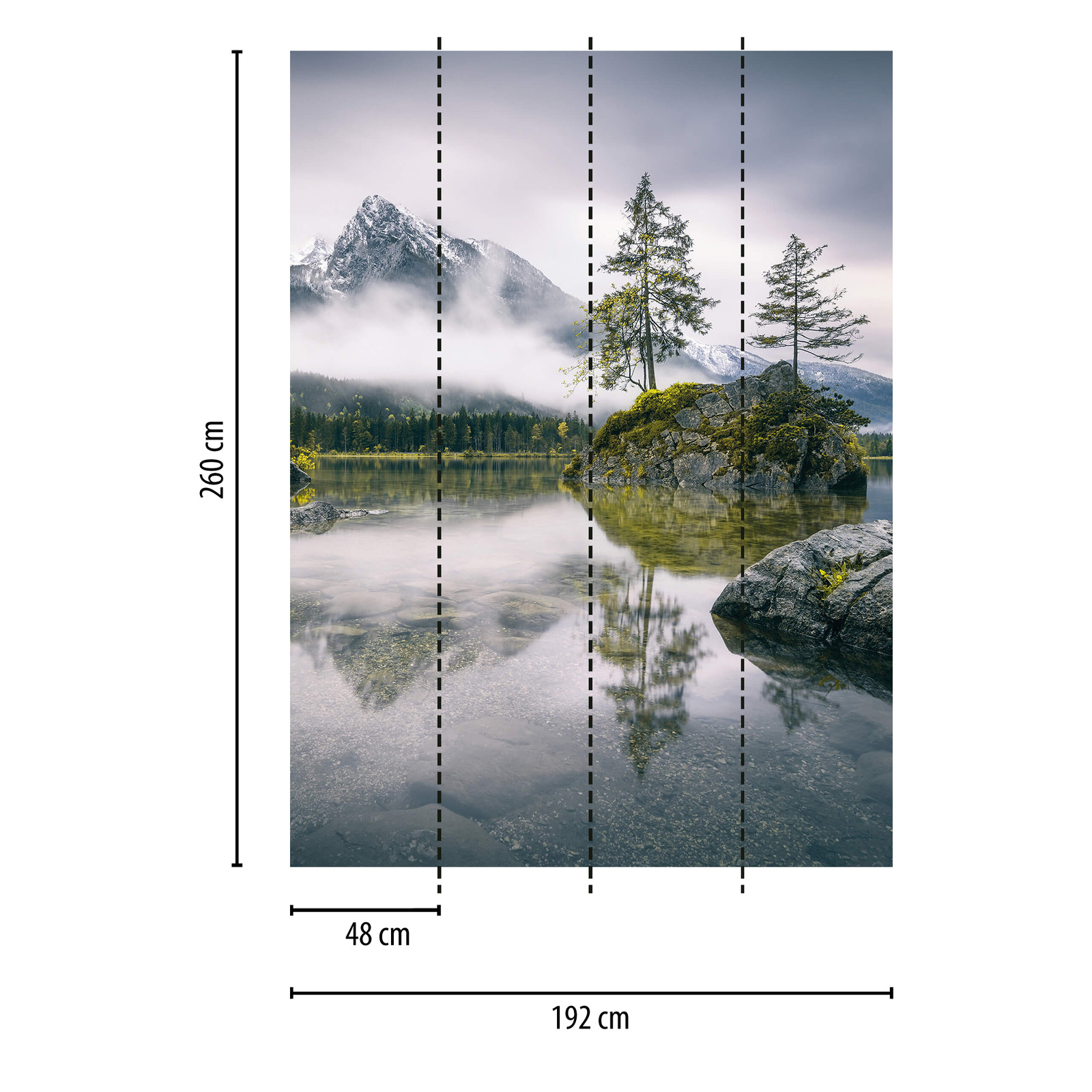             Papier peint panoramique étroit Lac avec montagnes - gris, vert, blanc
        