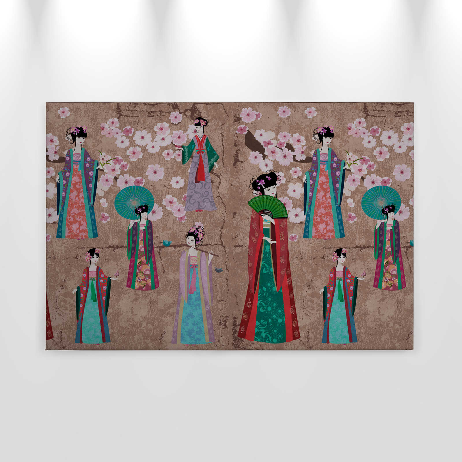             Canvas schilderij Japan Comic met kersenbloesems | beige, blauw - 0,90 m x 0,60 m
        