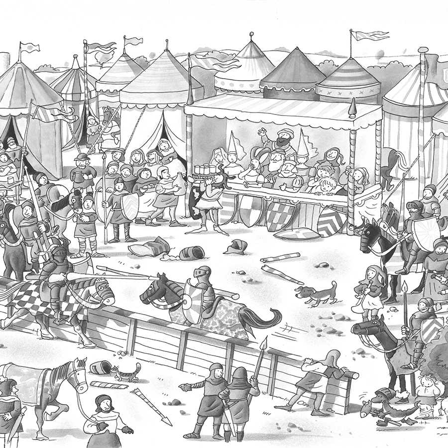Papier peint panoramique enfants fête des chevaliers avec festival noir blanc sur nacre intissé lisse
