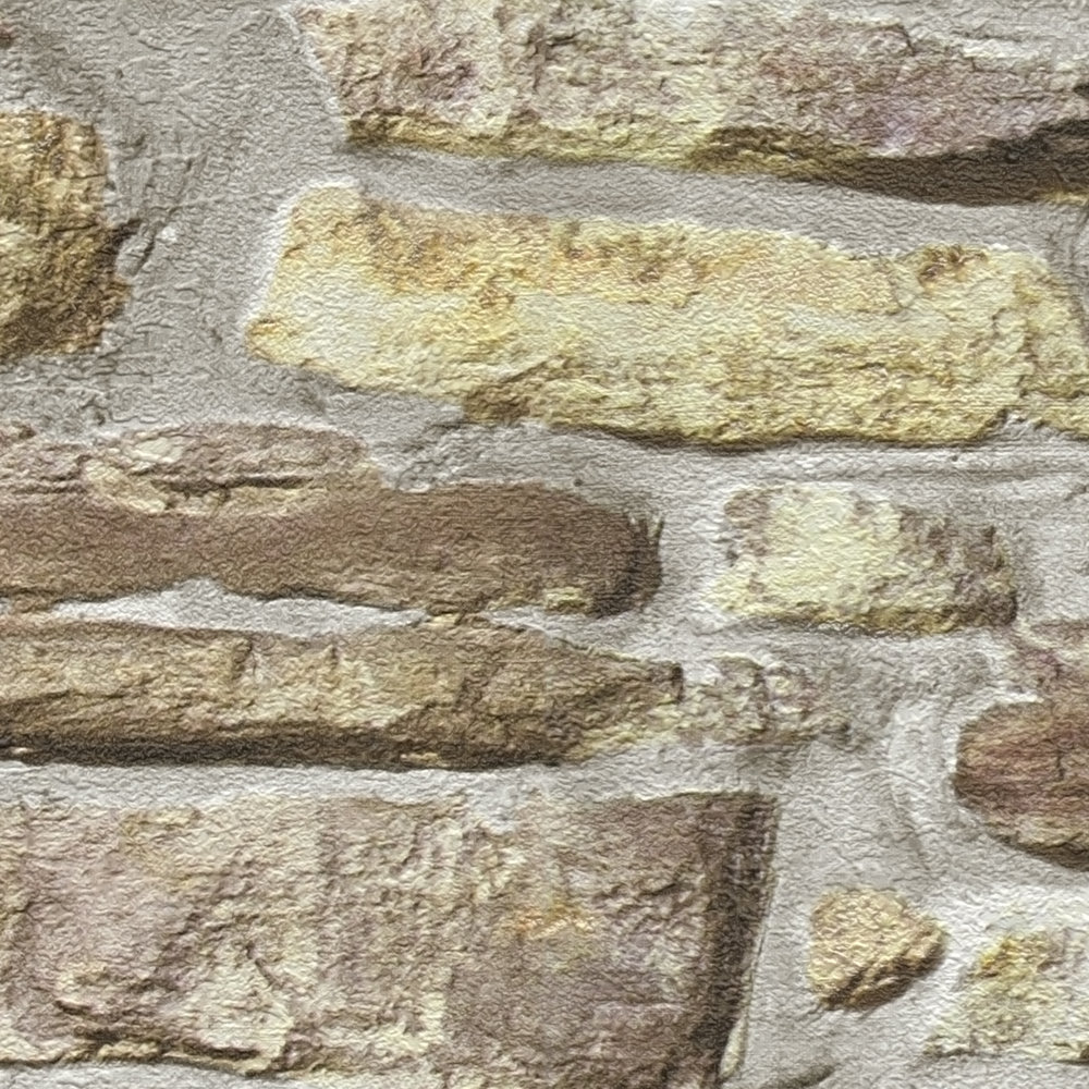             Non-woven wallpaper natural stone wall optics - beige, yellow, brown
        