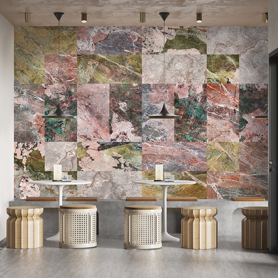 Photo wallpaper »mixed marble« - Marble patchwork design - Colourful | Smooth, slightly shiny premium non-woven fabric
