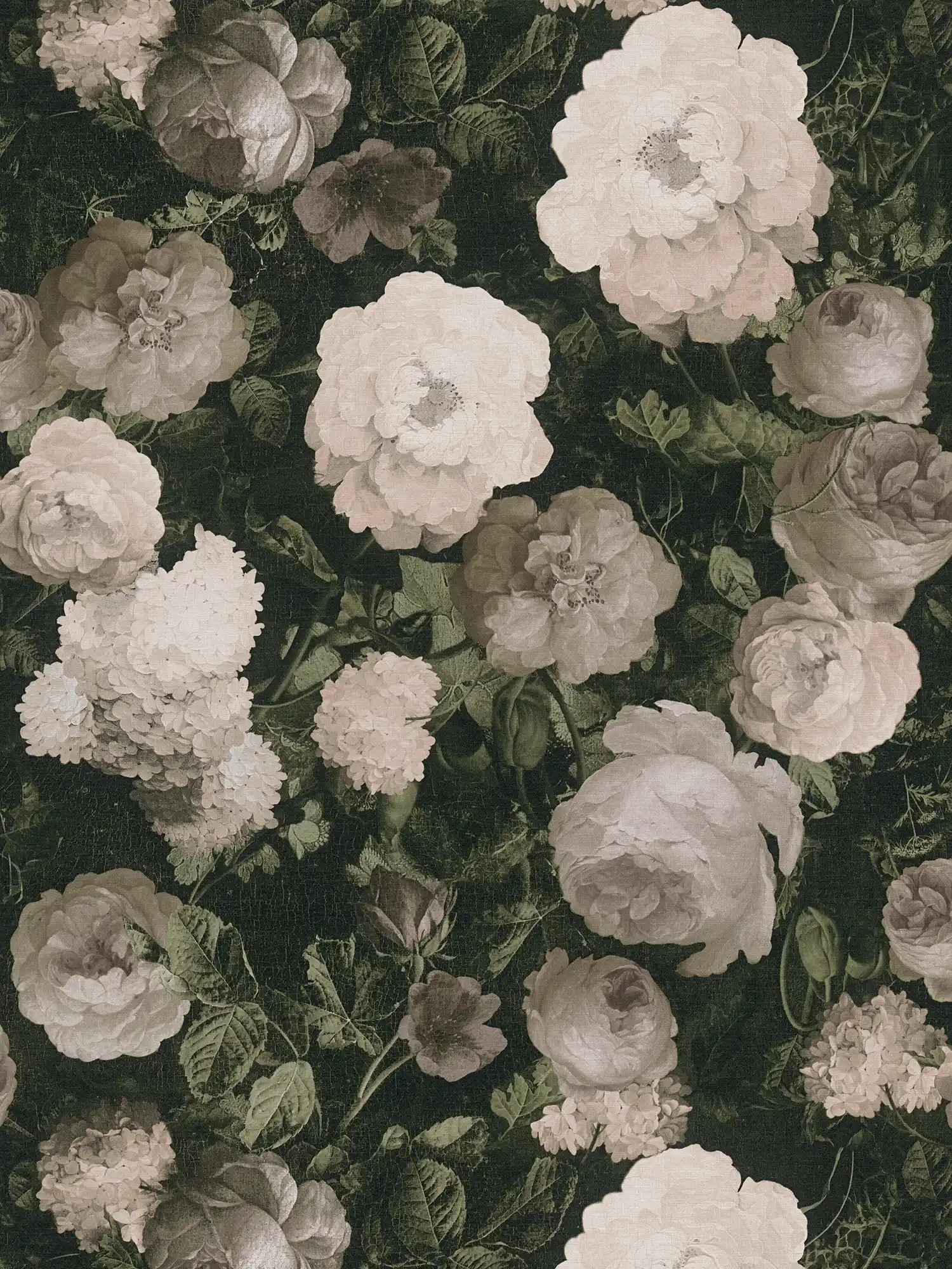         Carta da parati in tessuto non tessuto con rose, tappeto floreale - crema, verde, grigio
    