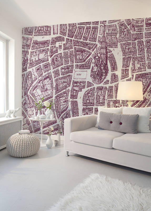             Papel pintado de mapa histórico de la ciudad de estilo vintage - morado, blanco
        
