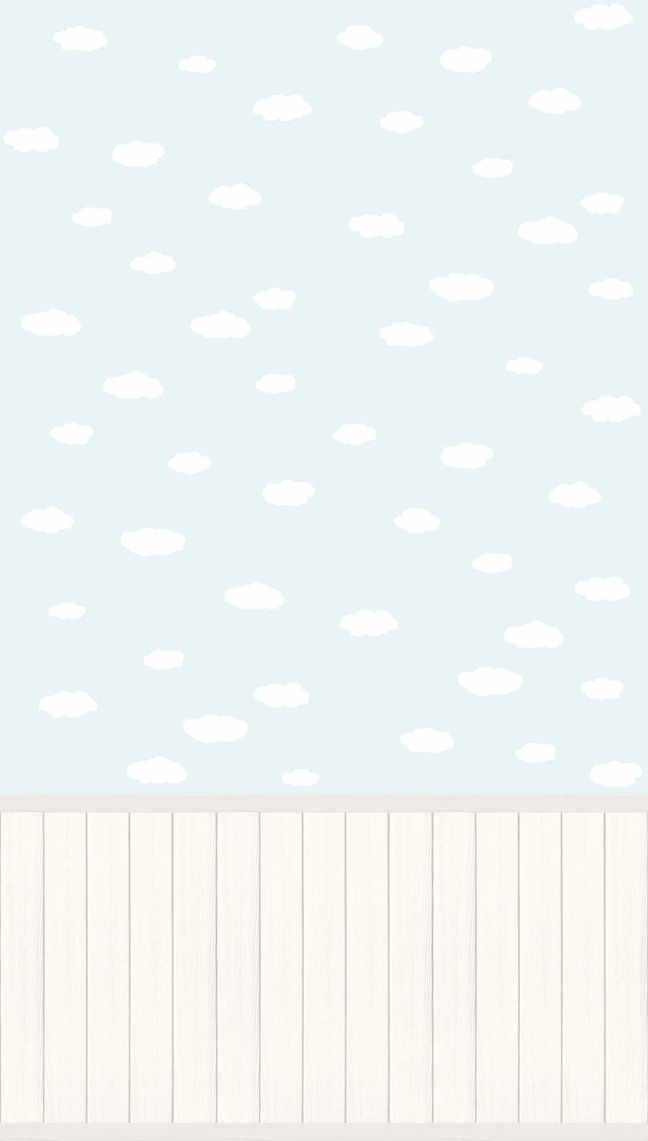             Non-woven motif wallpaper with wood-effect plinth border and cloud pattern - blue, white, grey
        