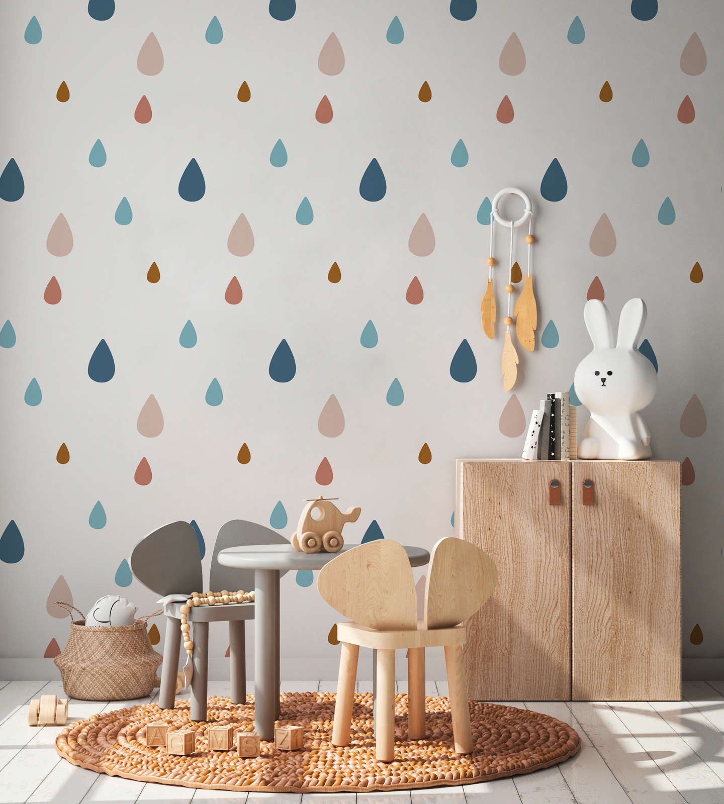             Papel pintado fotográfico para habitación infantil con gotas de agua de colores - Material sin tejer liso y ligeramente brillante
        