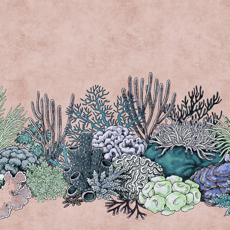 Octopus's Garden 2 - Carta da parati corallina con struttura in carta assorbente in stile disegno - Verde, Rosa | Vello liscio opaco
