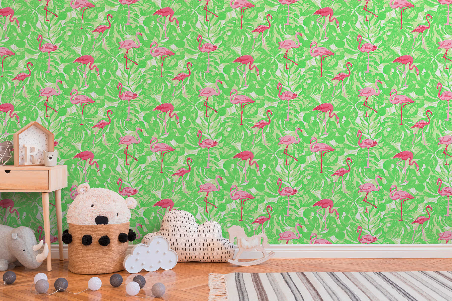             Tropical wallpaper with flamingo & leaves - pink, green
        