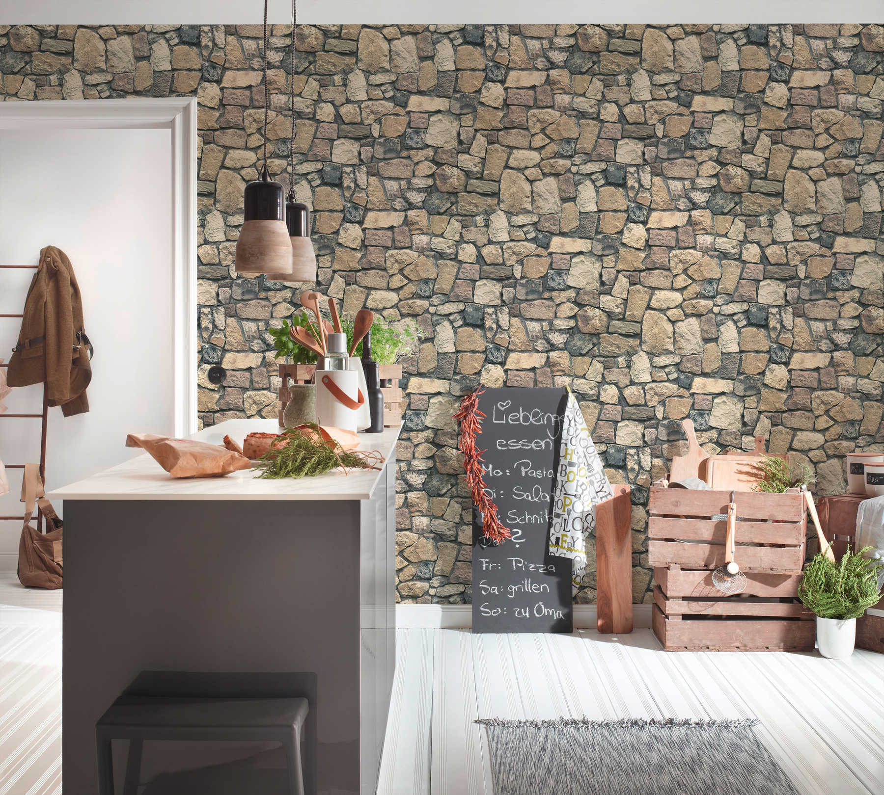             Non-woven wallpaper wall optics with 3D natural stones - colourful
        