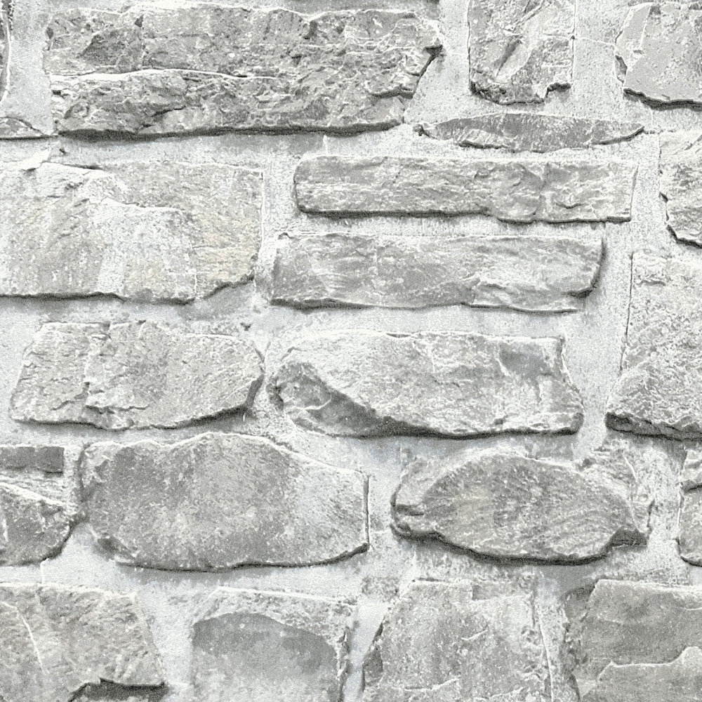             Steenachtig behang met natuurstenen muur - grijs, wit
        