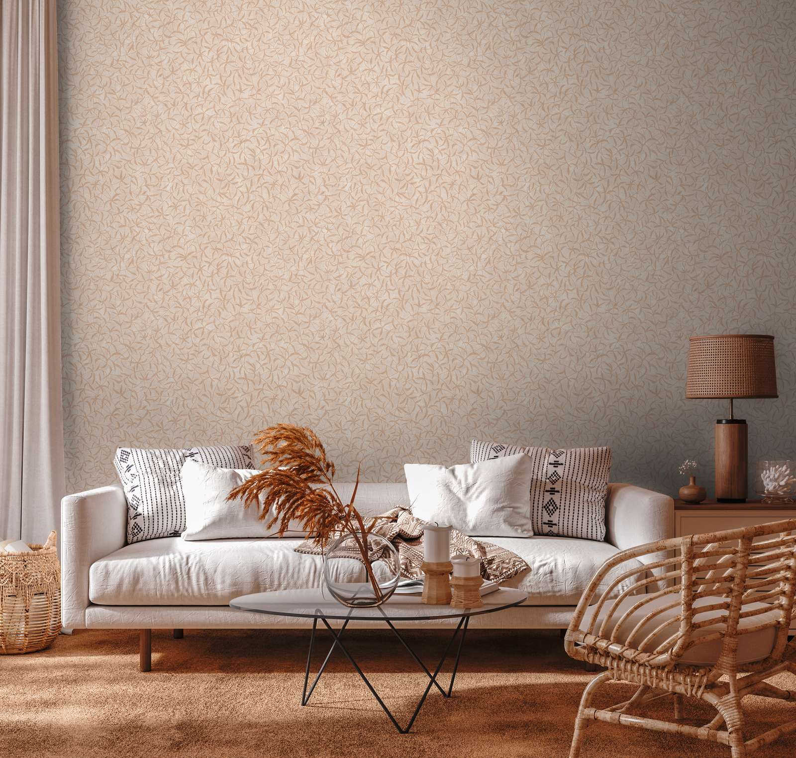             Floral non-woven wallpaper with branches and flowers - cream, beige
        