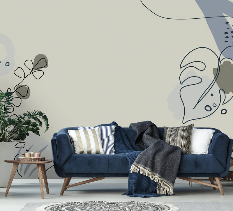             Leaves mural with abstract line pattern - cream, blue
        