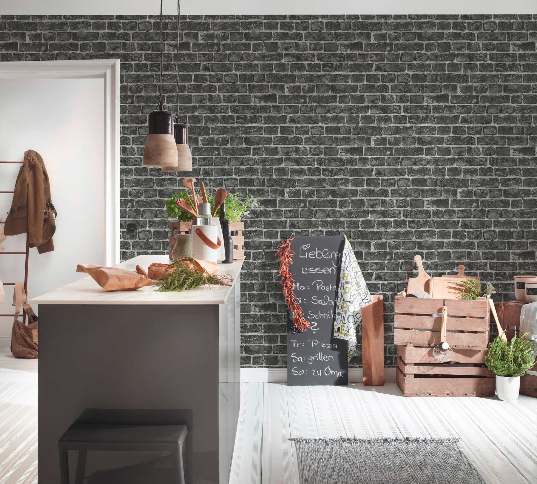             Nature stone wall wallpaper with dark grey bricks and light joints - black, grey
        