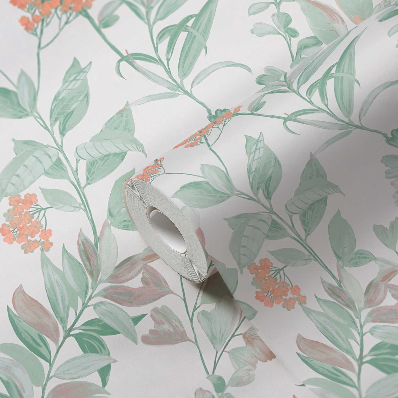             Non-woven wallpaper with floral pattern - multicoloured, green, white
        