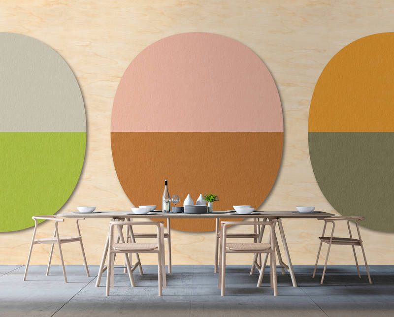             Split ovals 1 - Retro behang kleurrijk ontwerp in multiplex, vilt structuur - Beige, Groen | Premium glad vlies
        