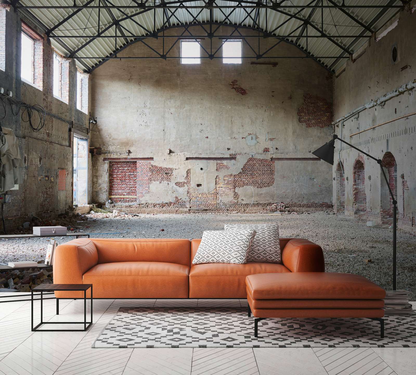             Photo wallpaper with abandoned industrial hall - Beige, Brown
        
