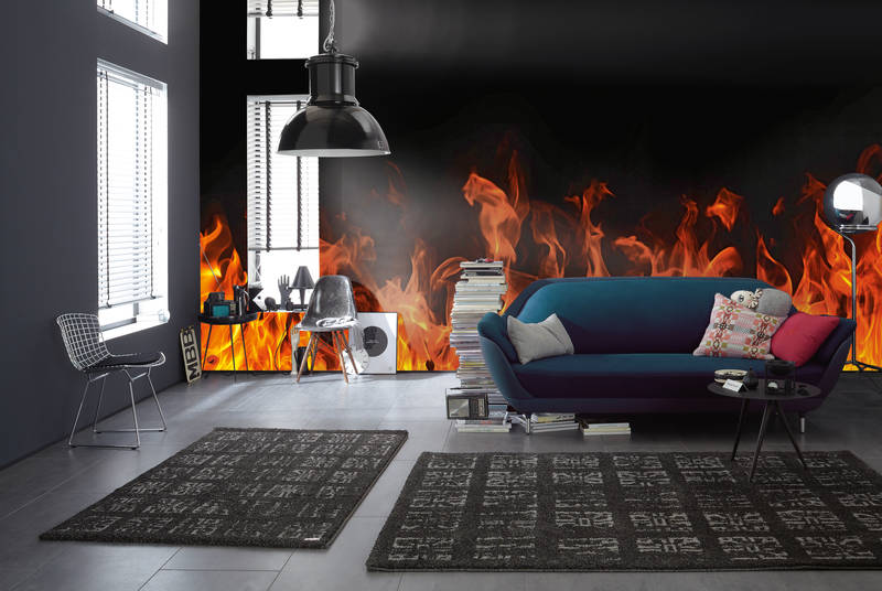             Black photo wallpaper fire with flames motif
        