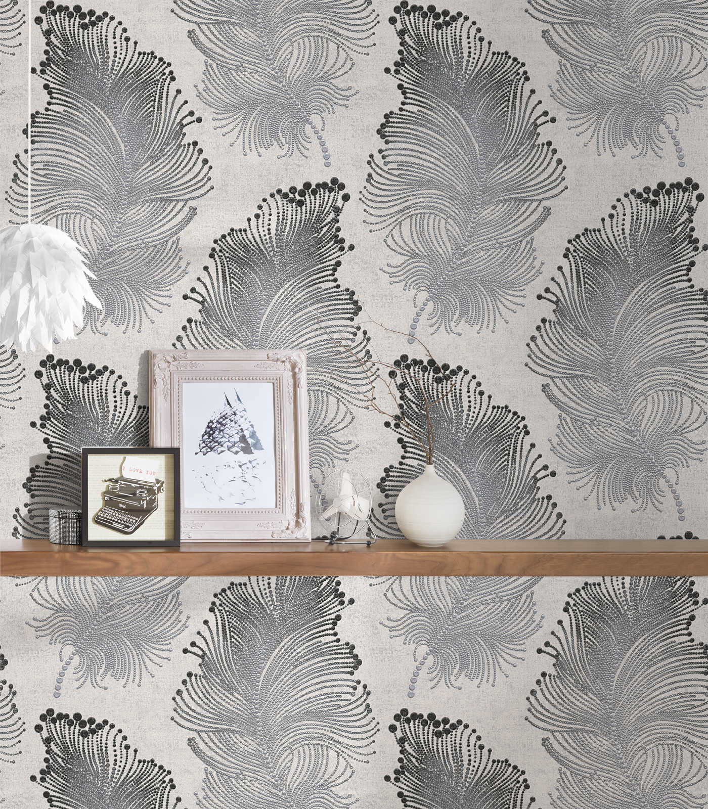             Metallic wallpaper with feather motif in boho style - metallic, white
        