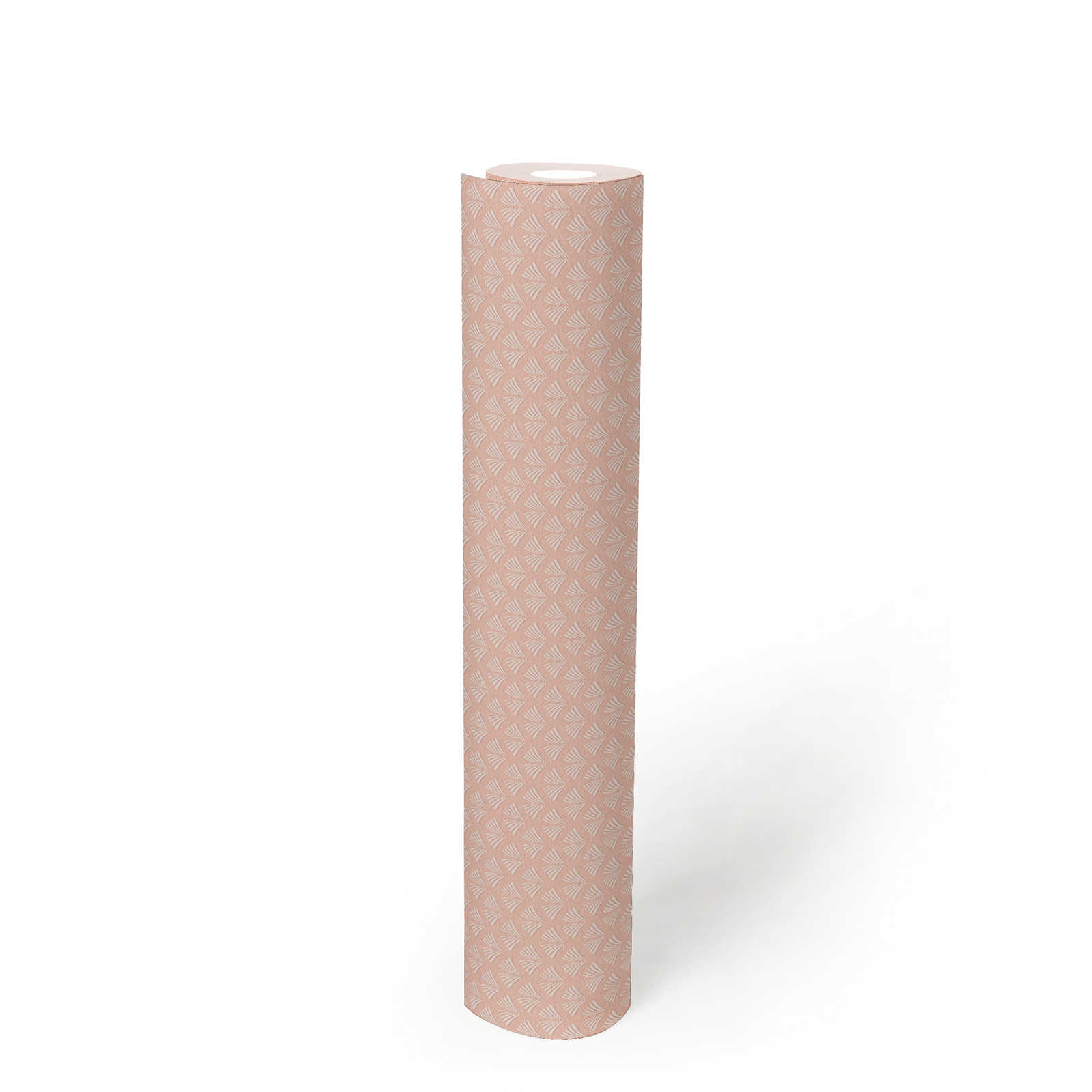             Pink non-woven wallpaper with white filigree pattern in feminine look
        