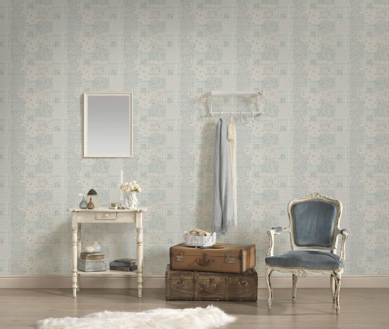             Non-woven wallpaper floral pattern and checkered country style - light blue, grey, white
        