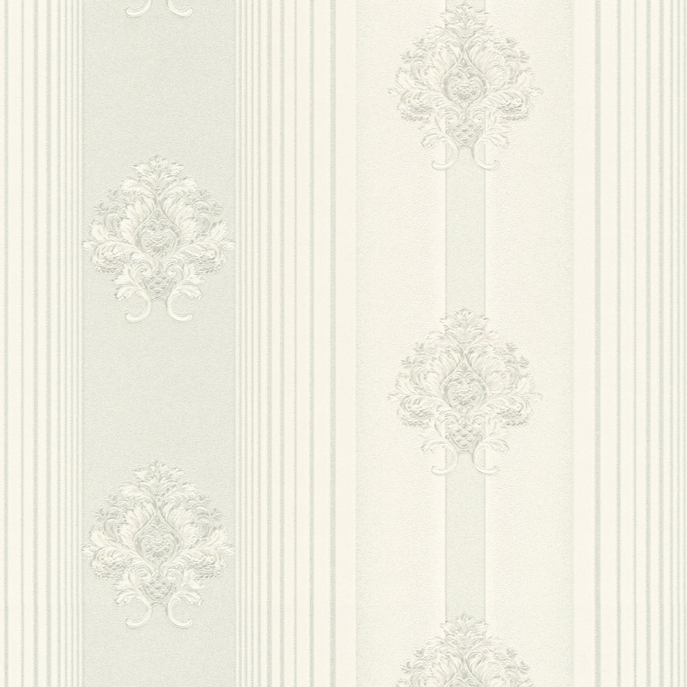             Carta da parati in tessuto non tessuto a strisce e ornamenti con accenti metallici - argento, bianco
        