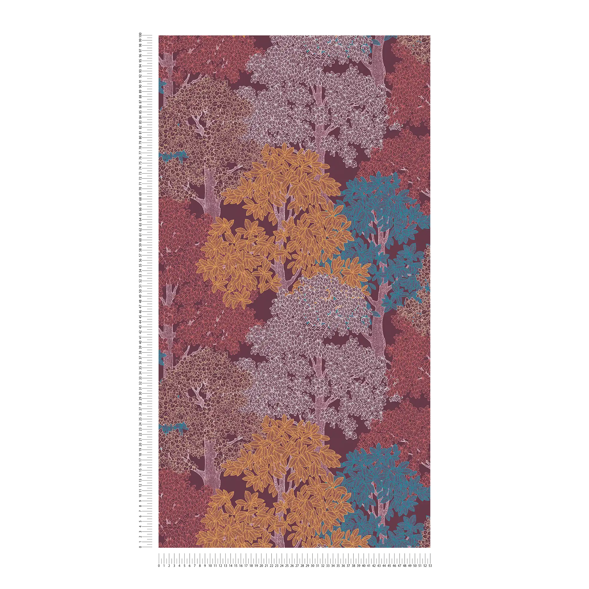             Papier peint bordeaux avec motif de forêt & arbres style dessin - violet, rouge, jaune
        