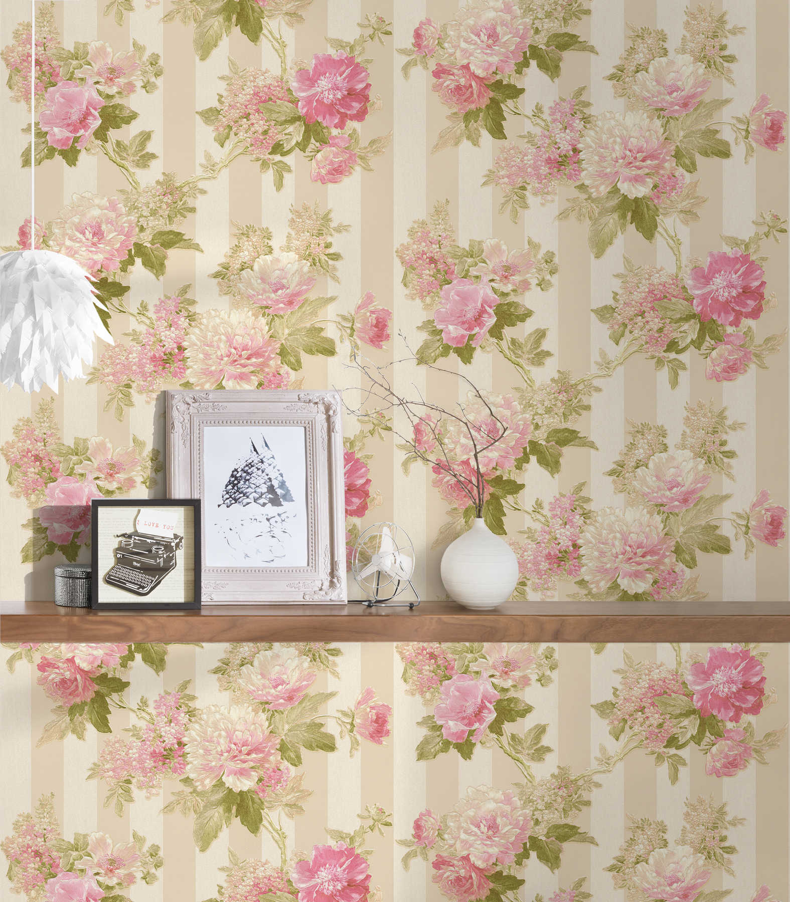             Wallpaper floral motif and stripe design - pink, green, cream
        