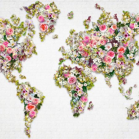         Roses & flowers mural as a world map on white wall
    