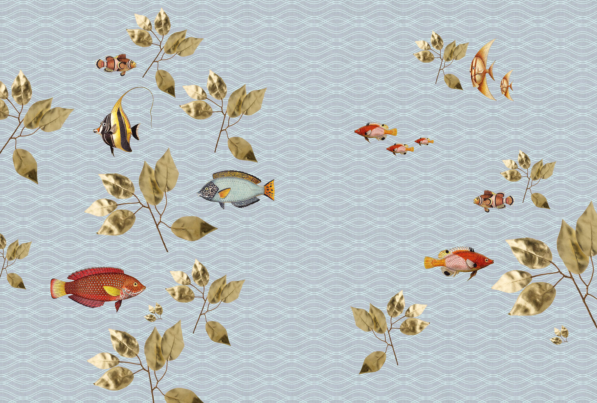             Briljante vissen 1 - Vliegende vissen behang in natuurlijke linnenstructuur - Blauw | parelmoer glad vlies
        