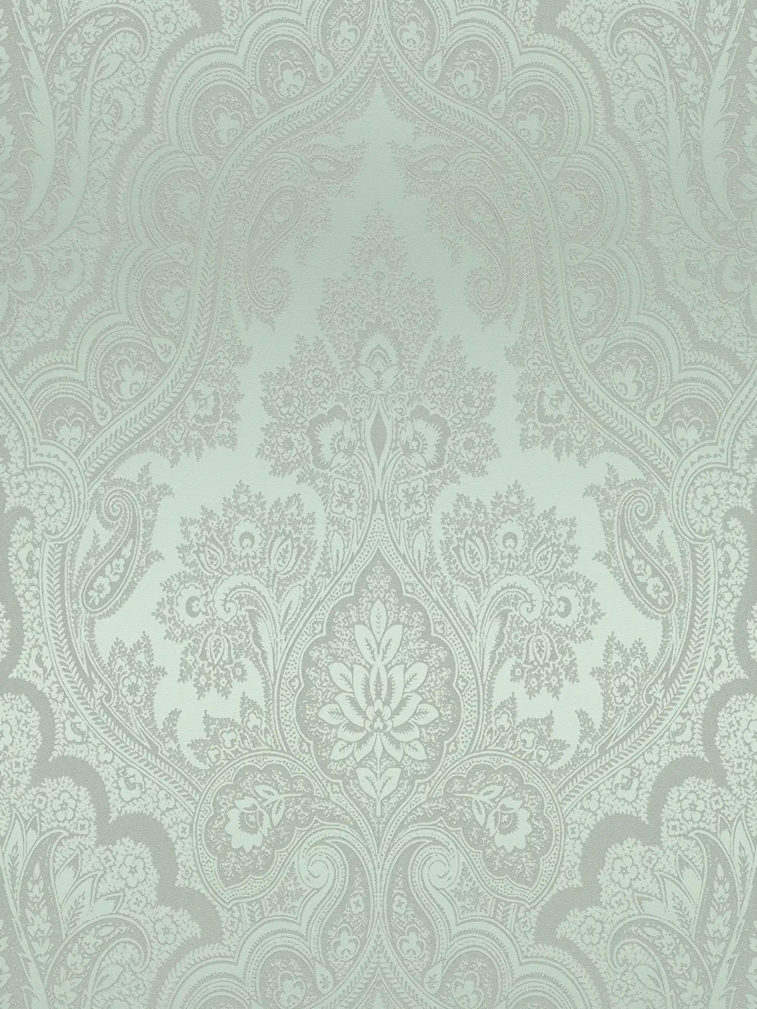 Boho wallpaper mint green & silver grey with ornamental pattern - metallic, green
