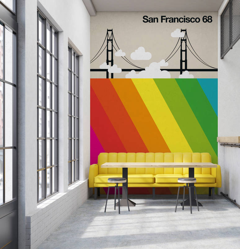             San Francisco 68 mural with Golden Gate Bridge & rainbow
        
