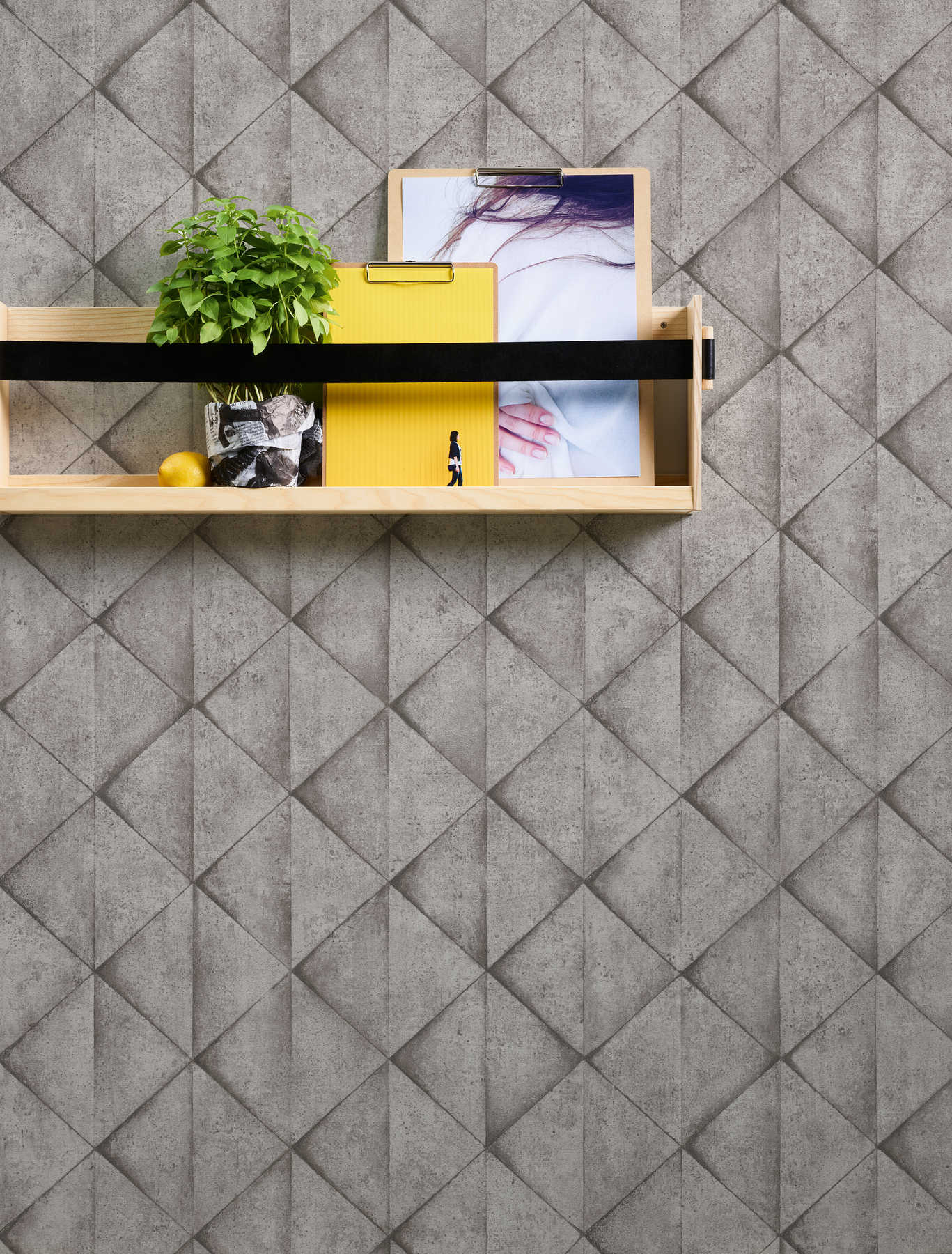             Wallpaper with concrete tiles & 3D effect - grey, anthracite
        