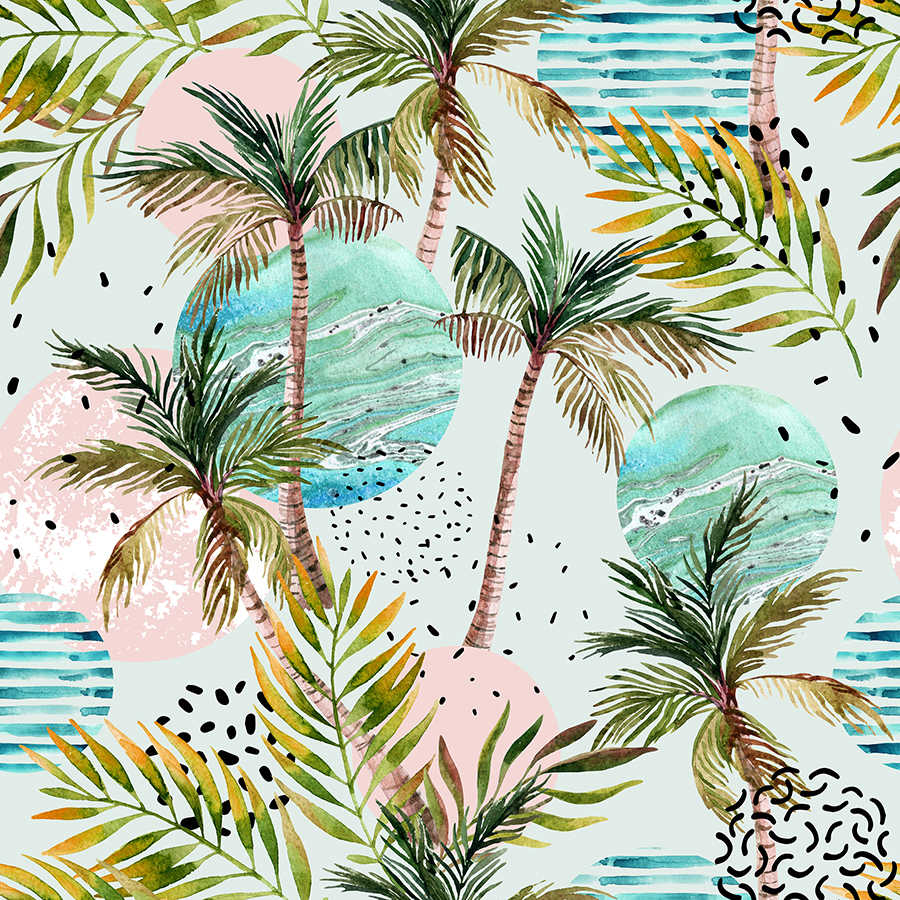 Mural gráfico de palmeras con símbolos de olas sobre vellón texturizado
