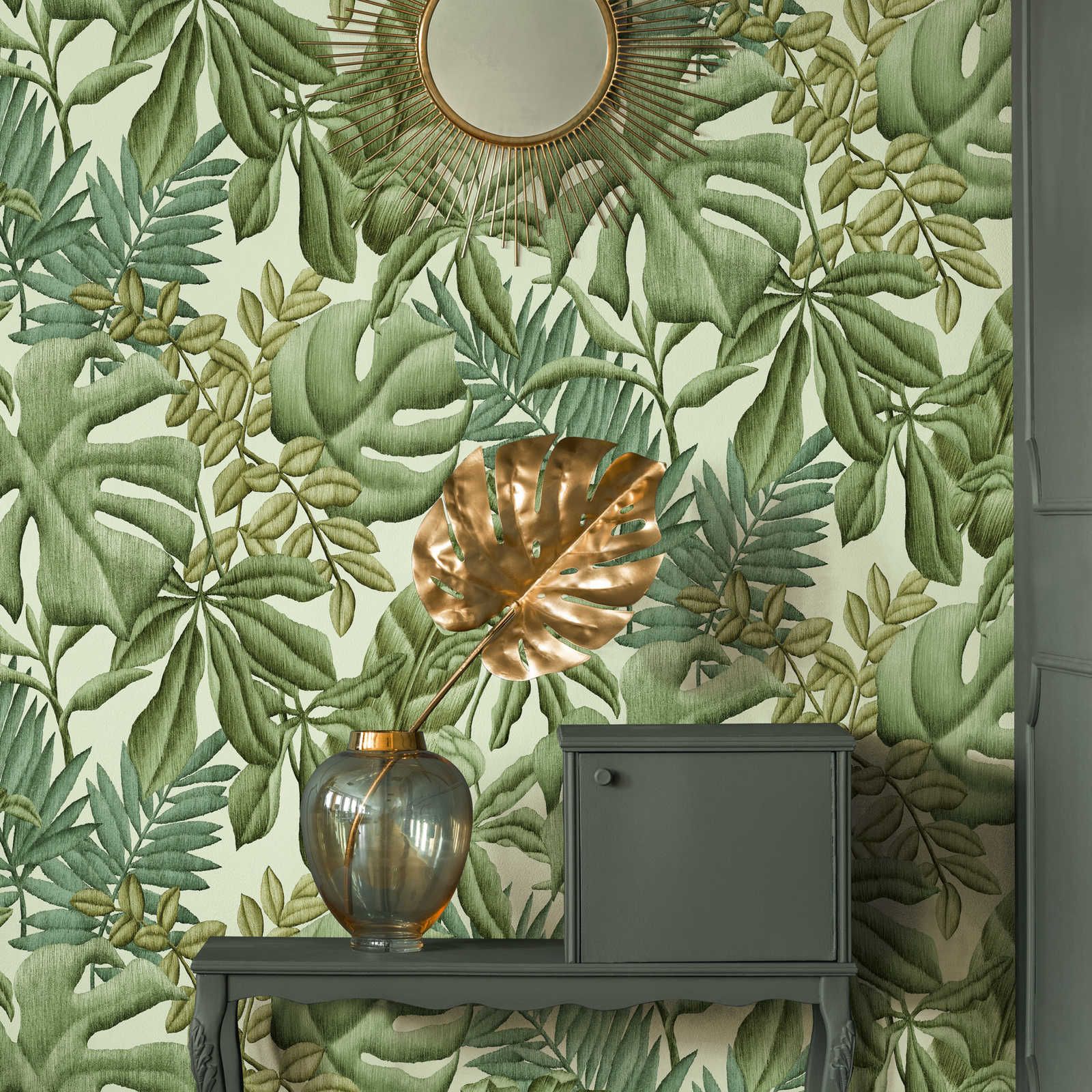 Non-woven wallpaper with various leaves - green, cream

