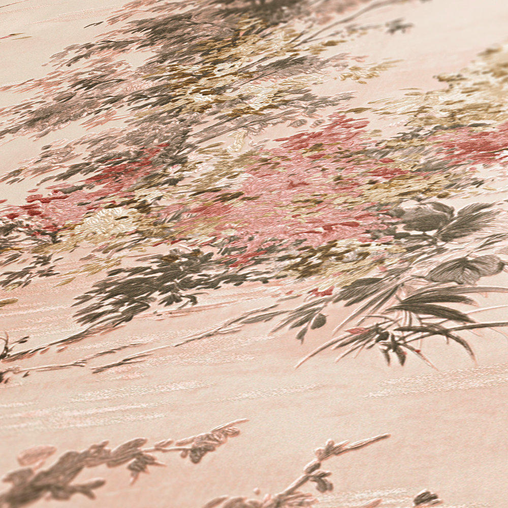             Papier peint avec motif de paysage dans le style classique - rouge, rose, gris, crème
        