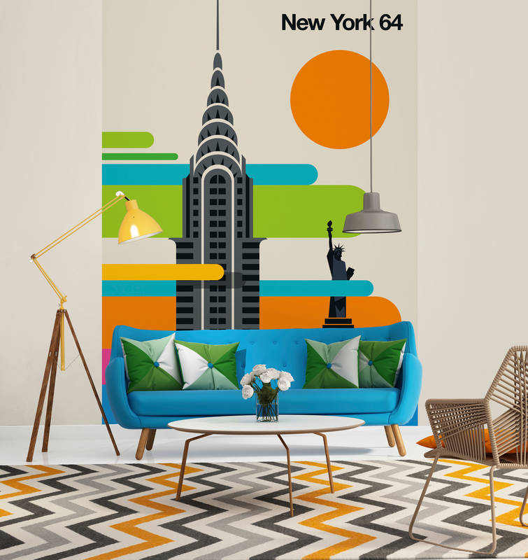             Mural de Nueva York con un colorido diseño retro de los años 60
        