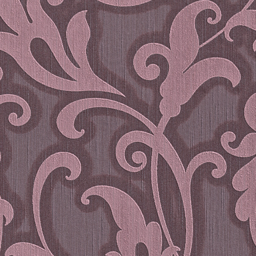             Carta da parati barocca con struttura tessile e motivo a rilievo - viola, metallizzato
        