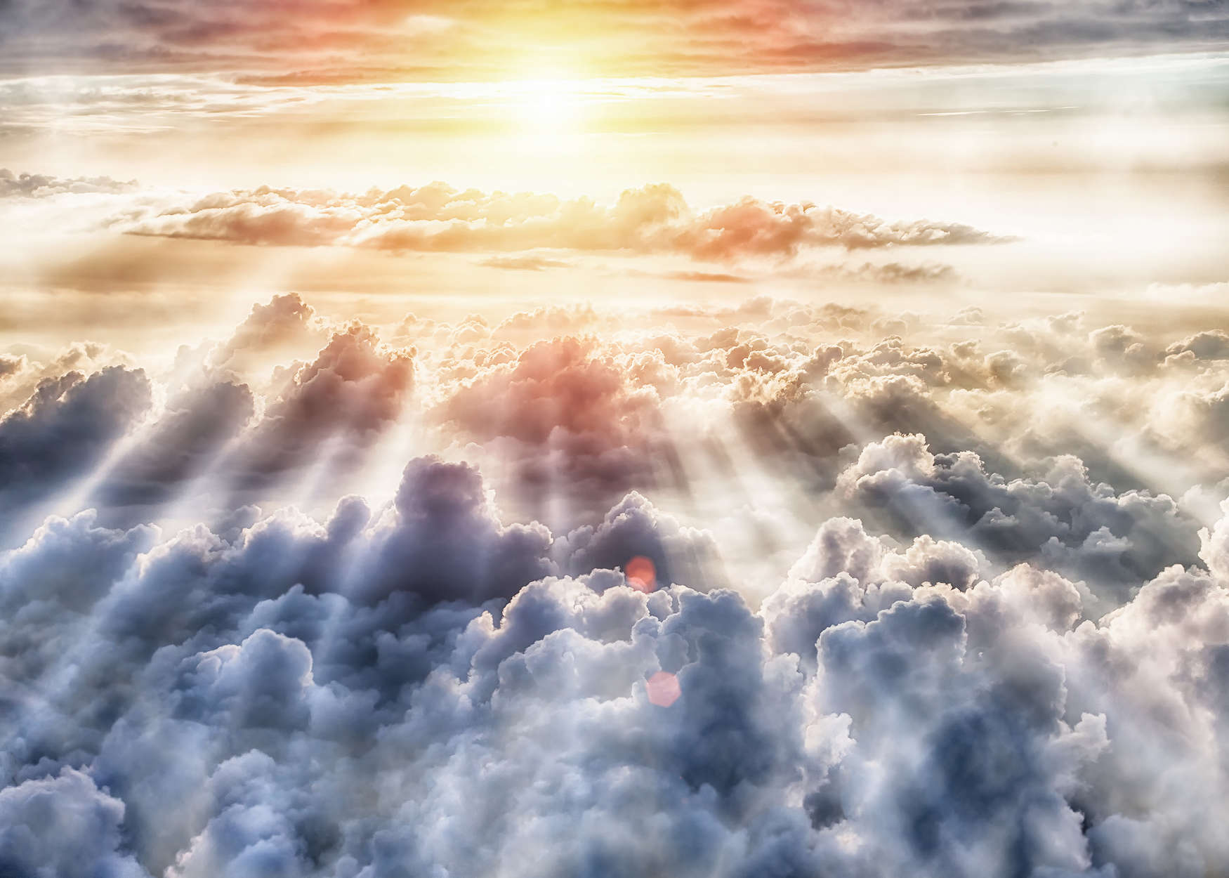             Papier peint panoramique Ciel avec soleil et nuages - orange, gris, bleu
        
