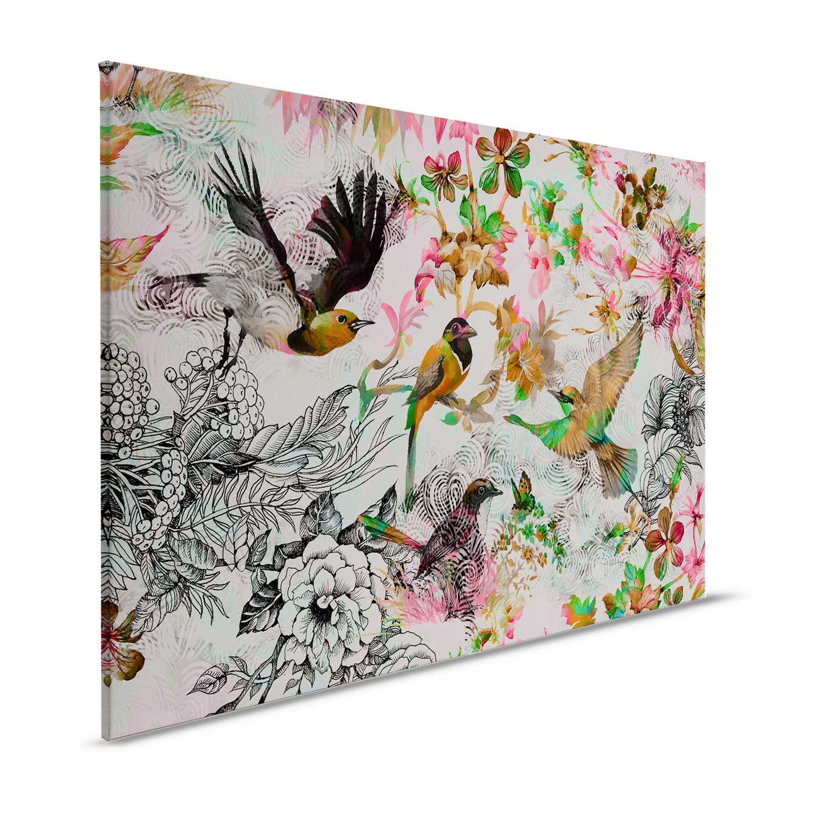 Tableau toile Oiseaux & fleurs style collage - 1,20 m x 0,80 m
