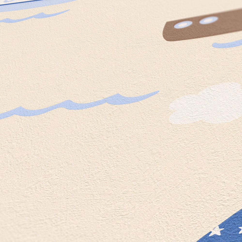             Kids room wallpaper with ship, boat & lighthouse - blue, beige
        