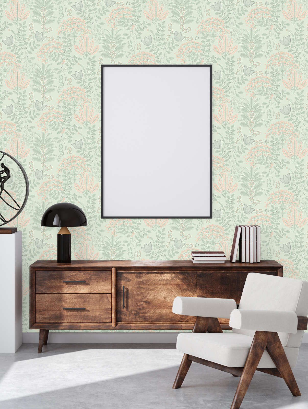             wallpaper floral with leaves in retro look light textured, matt - green, grey, pink
        